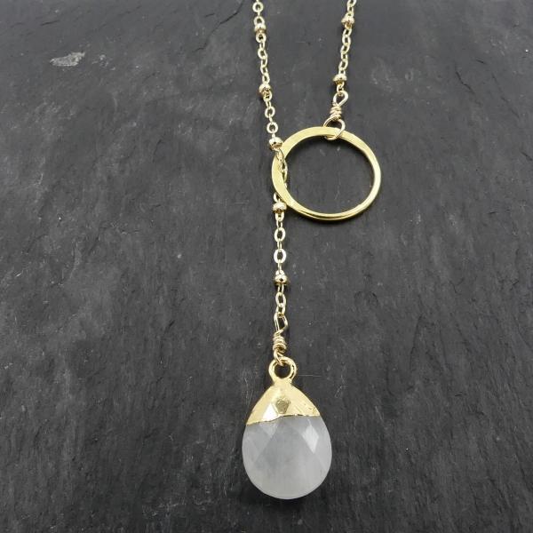Gold Lariat Necklace with Rainbow Moonstone Drop picture