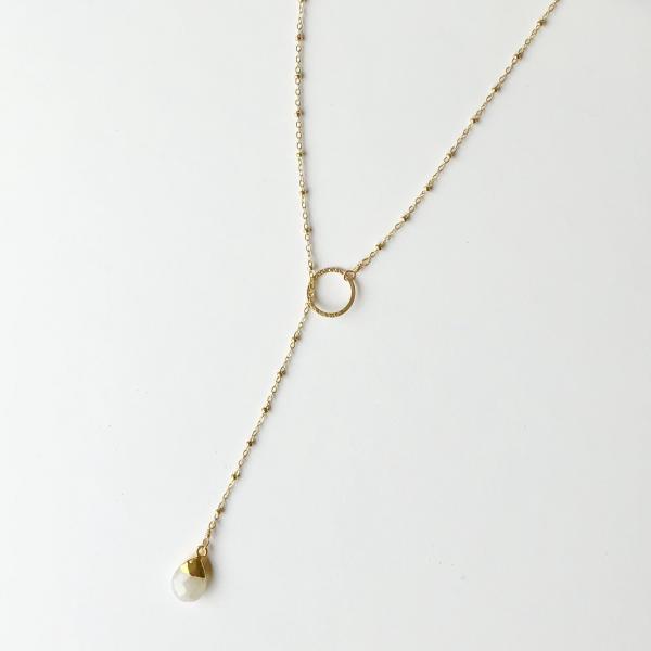 Gold Lariat Necklace with Rainbow Moonstone Drop picture