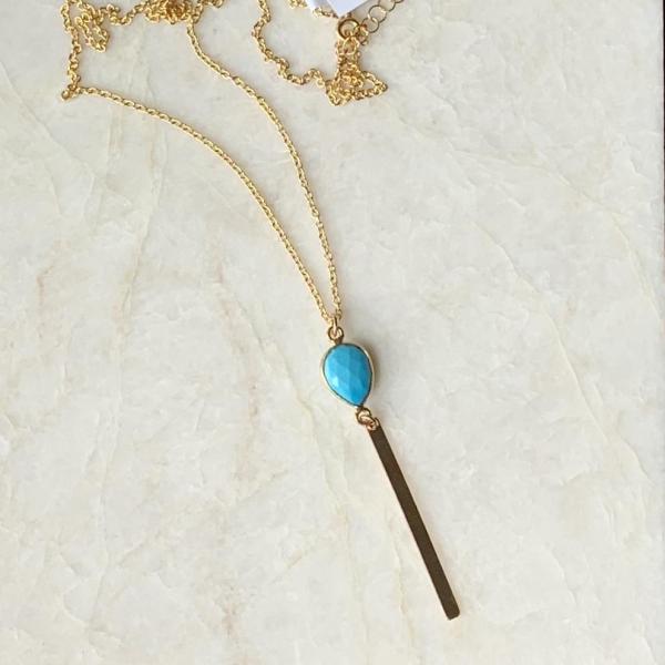 Gold Y Necklace with Turquoise Gemstone and Gold Bar