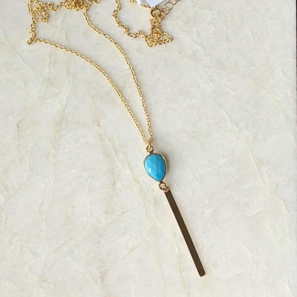 Gold Y Necklace with Turquoise Gemstone and Gold Bar picture