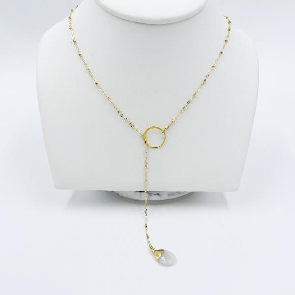 Gold Lariat Necklace with Rainbow Moonstone Drop picture