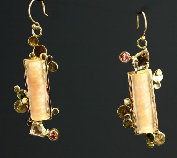 Fossilized bamboo and sunstone earrings picture