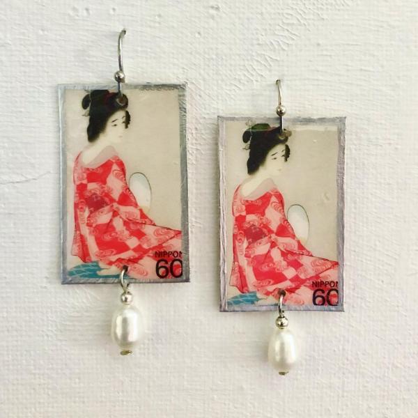 Japanese Postage Stamp Earrings - Red/Pink Kimono with Pearls