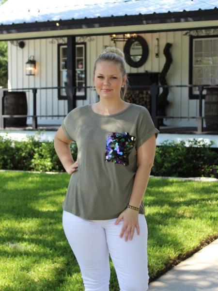 Sequin Pocket Top - Olive picture