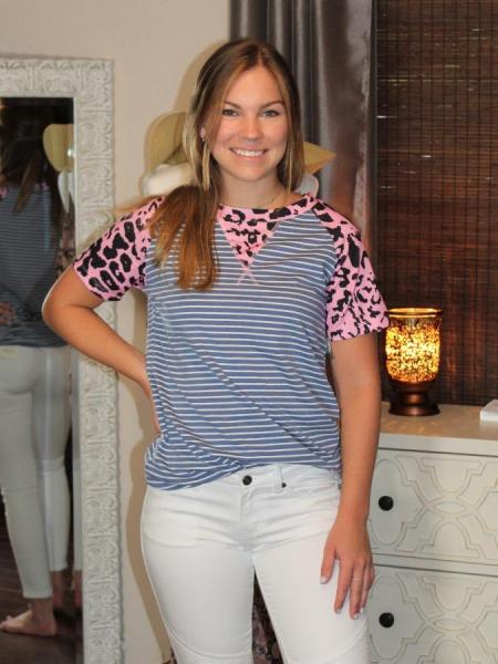 Navy Striped Pink Leopard Tee