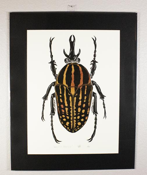 Linocut Goliath Beetle Chine-colle Mounted