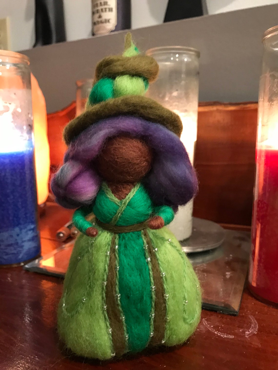 Jade Needle Felted Wee Witch, Garden Witch, Waldorf Doll, Holiday Decoration picture