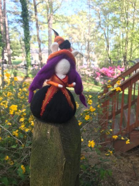 Autumn Tort Needle Felted Wee Witch, Garden Witch, Moon Rabbit, Waldorf Ornament picture