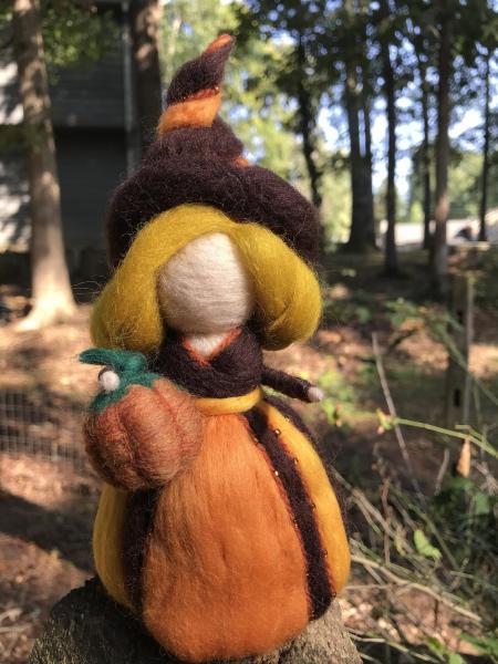 Pumpkin Pie Needle Felted Wee Witch, Garden Witch, Harvest Witch, Decoration, Doll, Pagan, Magic picture