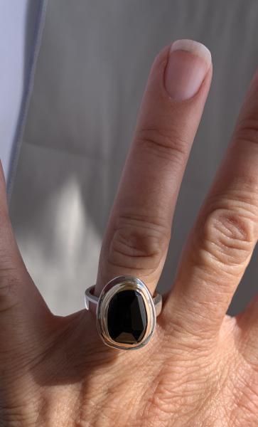 Black onyx, sterling and 14k yellow gold ring. picture