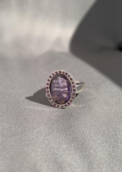 Amethyst, diamond and sterling ring