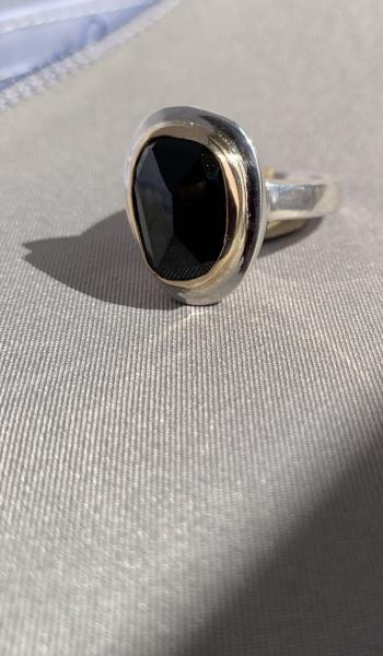 Black onyx, sterling and 14k yellow gold ring. picture