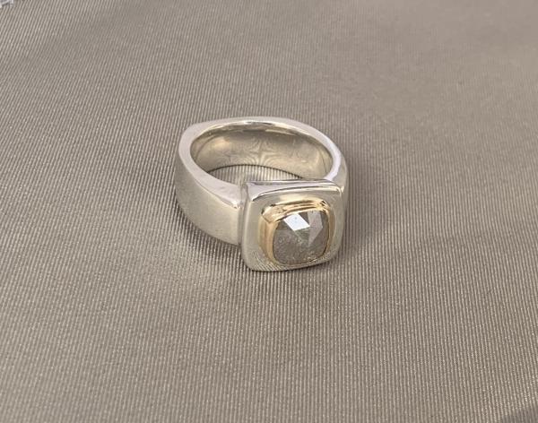 Rough diamond, sterling and 14k yellow gold ring