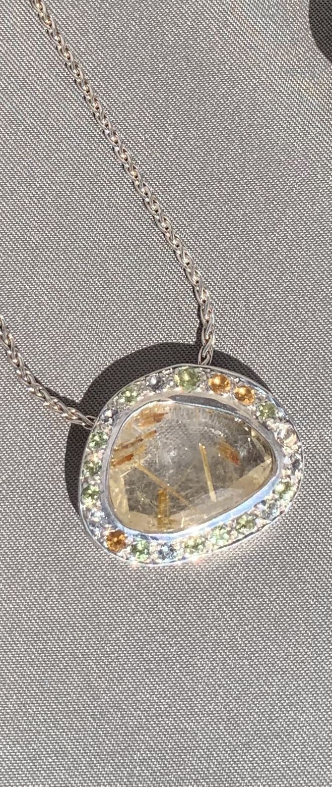 Rutillated quartz, sterling and natural gemstone pendant picture