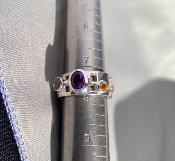 14k white gold, amethyst, citrine and garnet ring