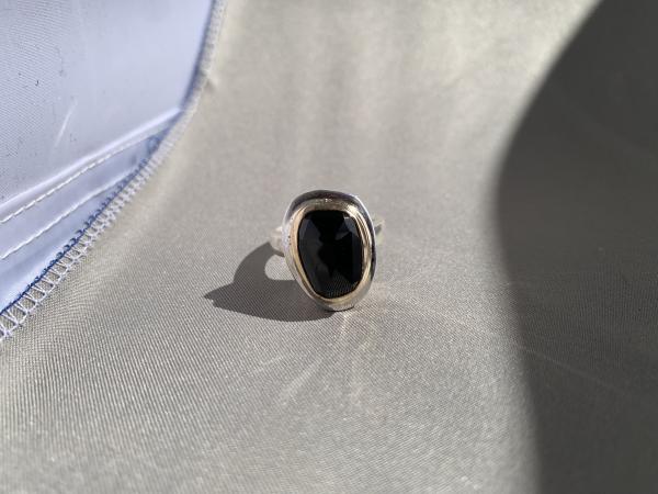 Black onyx, sterling and 14k yellow gold ring. picture