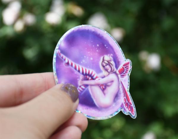 Peppermint Moon Pin Up Fairy Glitter Vinyl Die Cut Sticker picture