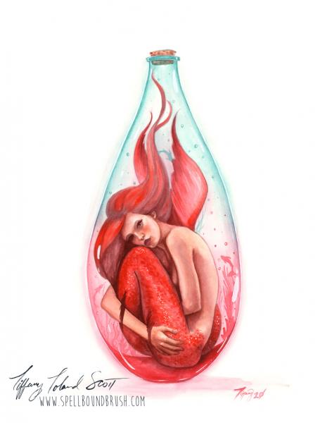 Red Bottle Mermaid - Watercolors