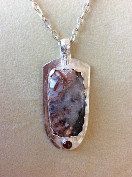 Crazy Lace Agate and Garnet Sterling Pendant