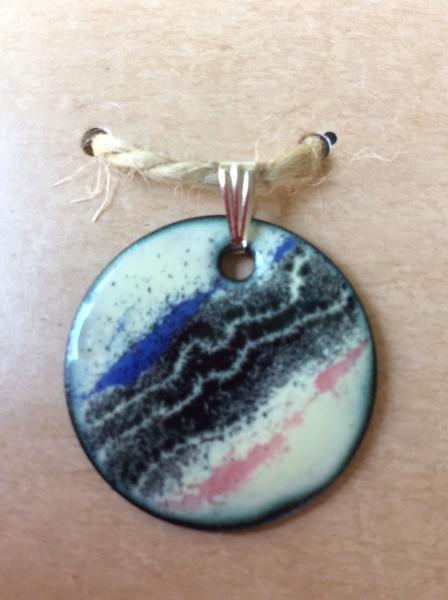 Enamel Ivory and Black Pendant with Pink and Blue