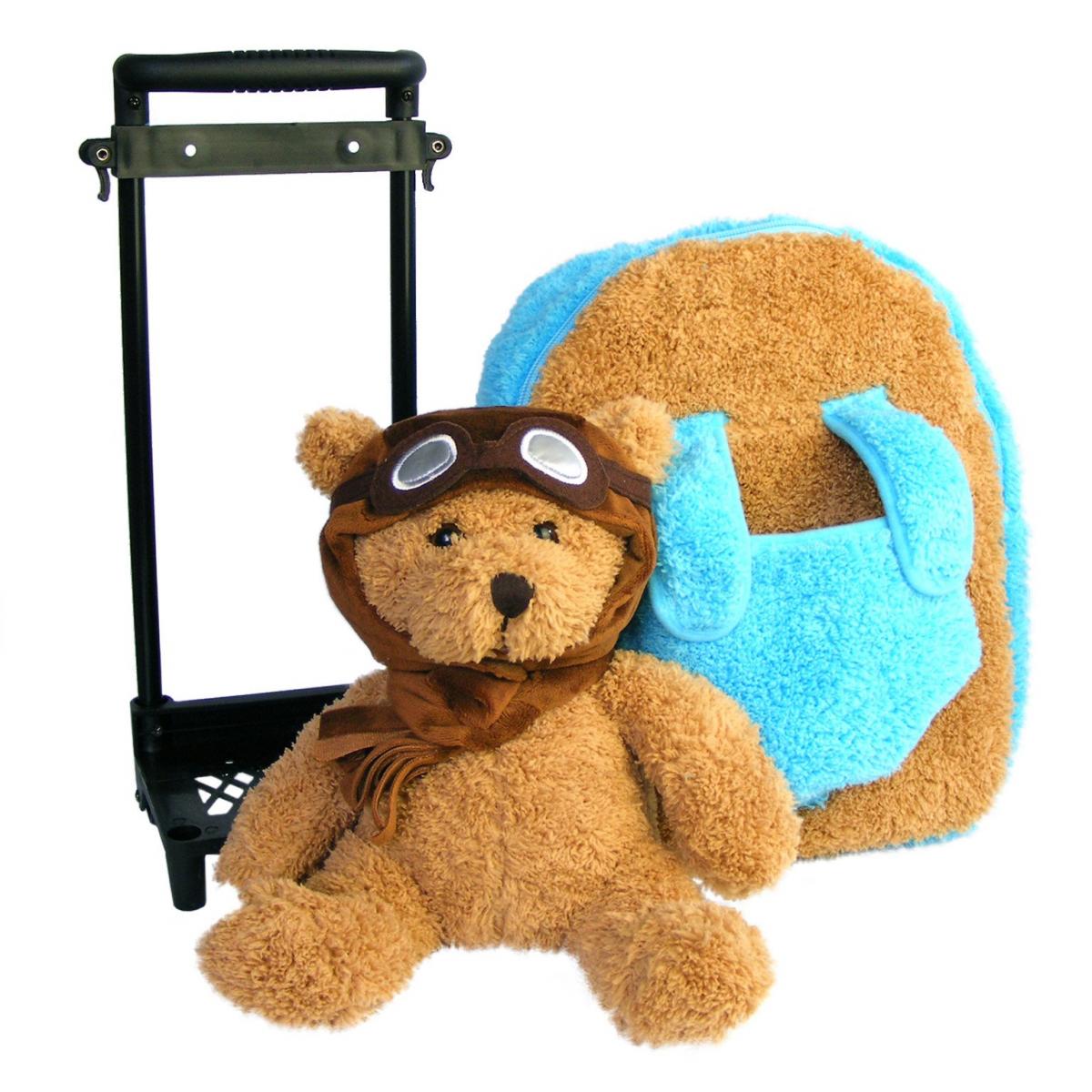 Roller Bag Kids Rolling Backpack Luggage with Removable Plush Stuffed Animal Aviator Bear picture