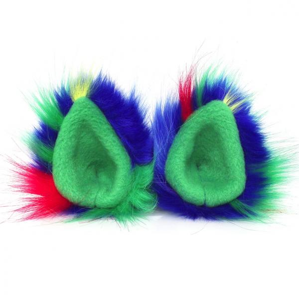 Faux Fur Party Accessory Costume Furry Ear Clips - Primary Multicolor Green Inside