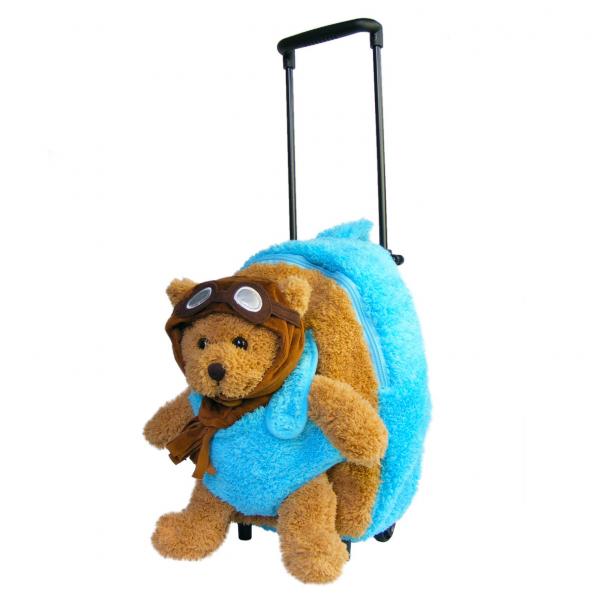 Roller Bag Kids Rolling Backpack Luggage with Removable Plush Stuffed Animal Aviator Bear