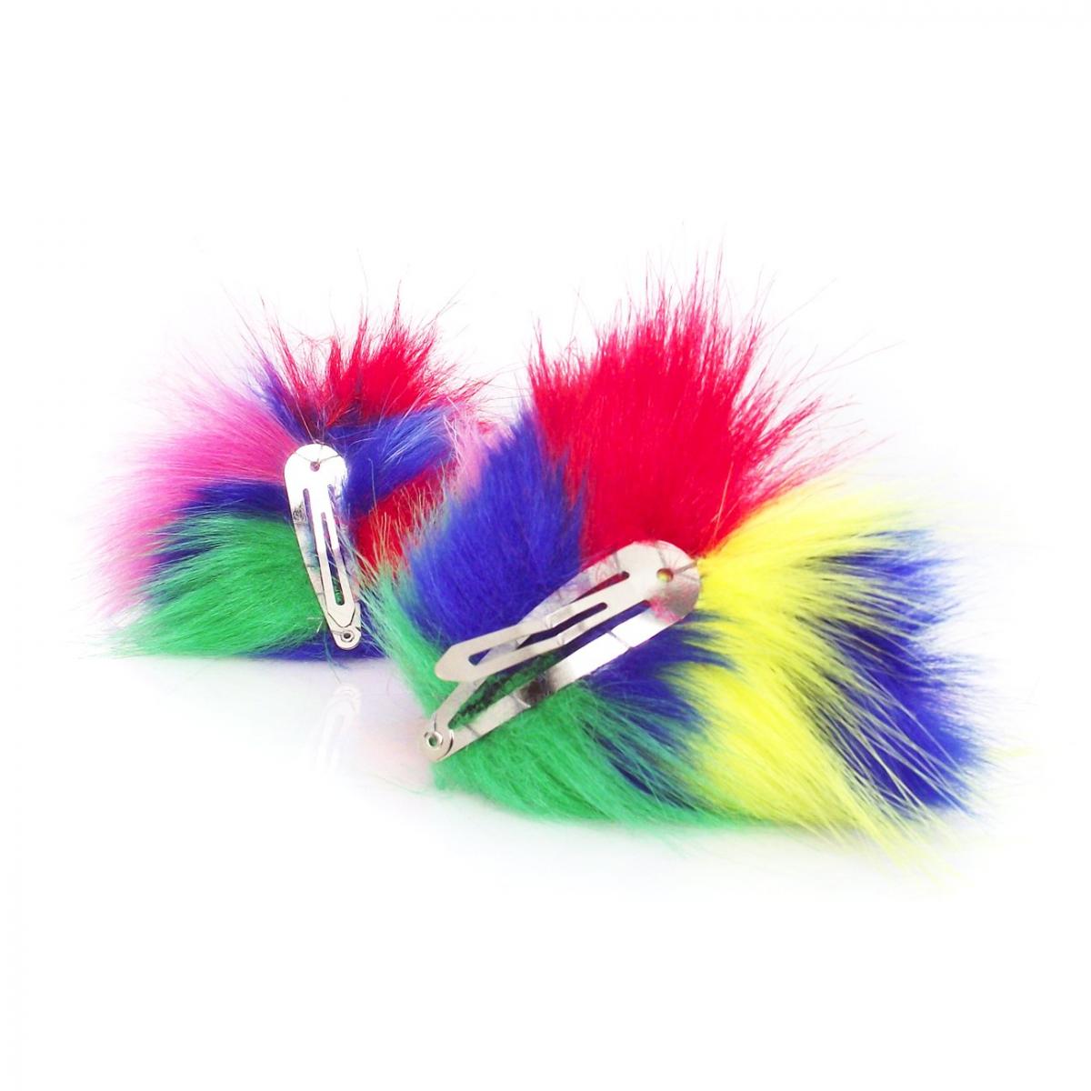 Faux Fur Party Accessory Costume Furry Ear Clips - Primary Multicolor Green Inside picture