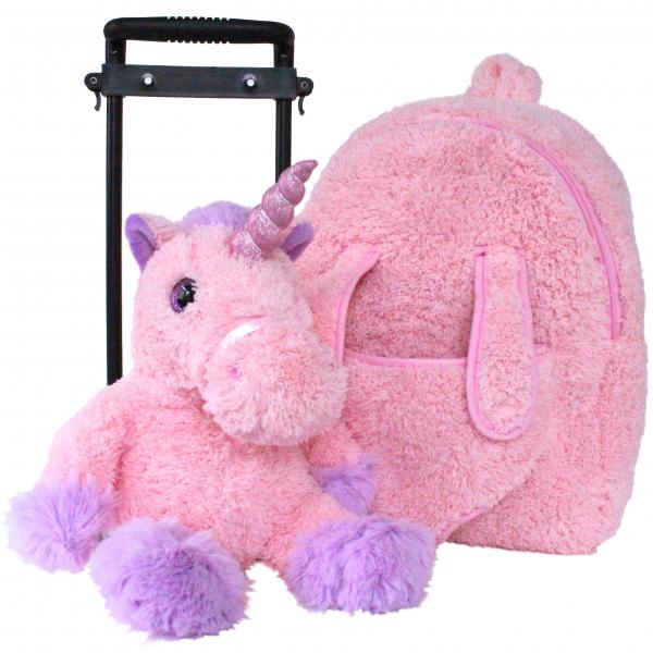 Roller Bag Kids Rolling Backpack Luggage with Removable Plush Stuffed Animal Unicorn picture