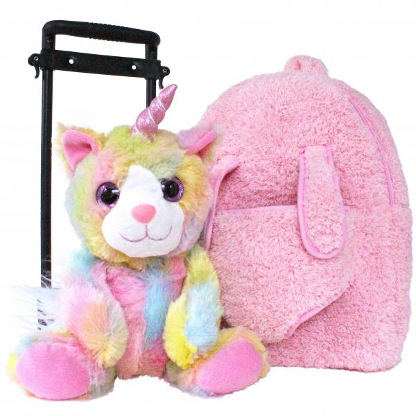 Roller Bag Kids Rolling Backpack Luggage with Removable Plush Stuffed Animal Unicorn Kitty Unicat picture