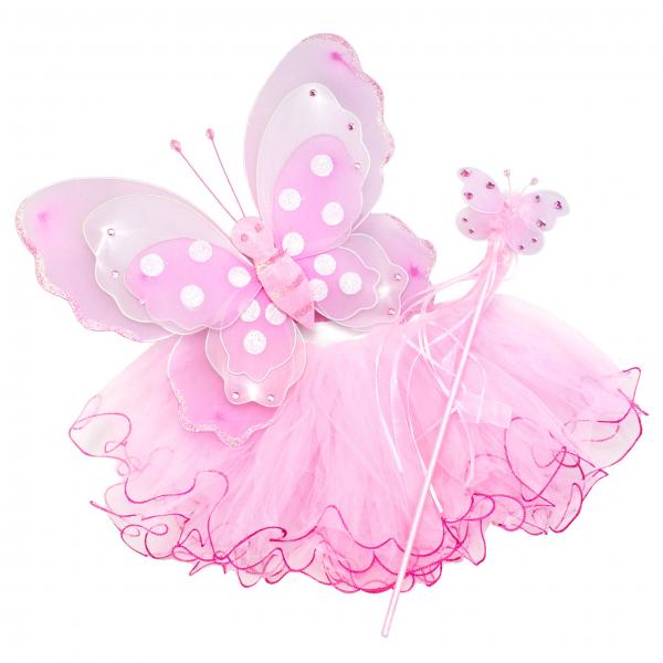 Girls Pink Butterfly Costume Fairy Wing Set with Sparkle Wings Tutu and Wand picture