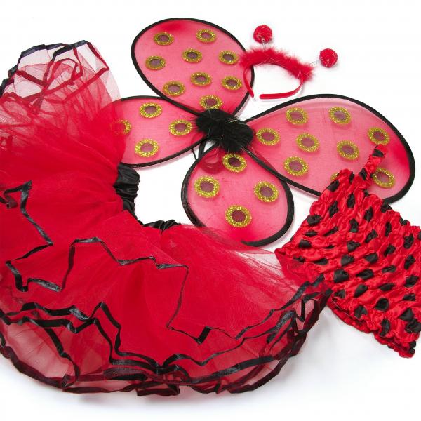 Girls 4 Piece Lady Bug Costume Set with Sparkle Wings Top Tutu and Headband picture