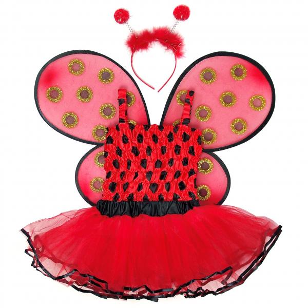 Girls 4 Piece Lady Bug Costume Set with Sparkle Wings Top Tutu and Headband picture