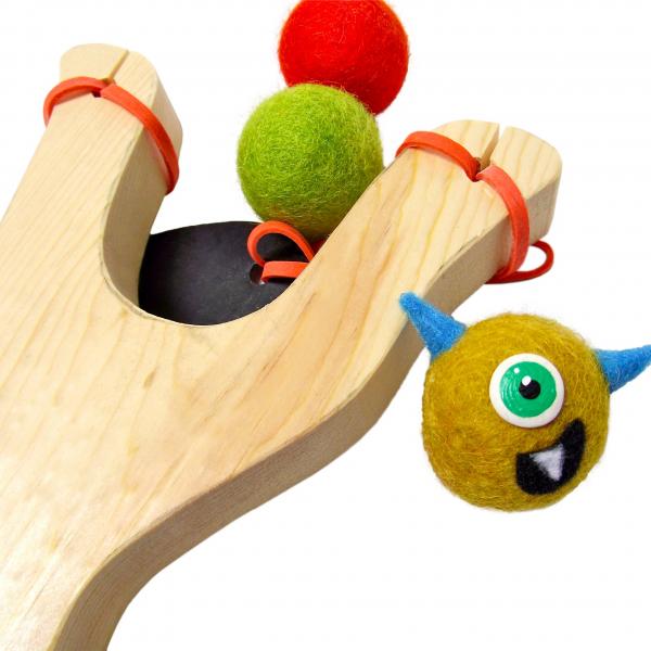 Wooden Slingshot Monster Launch Toy with felt ammo balls picture