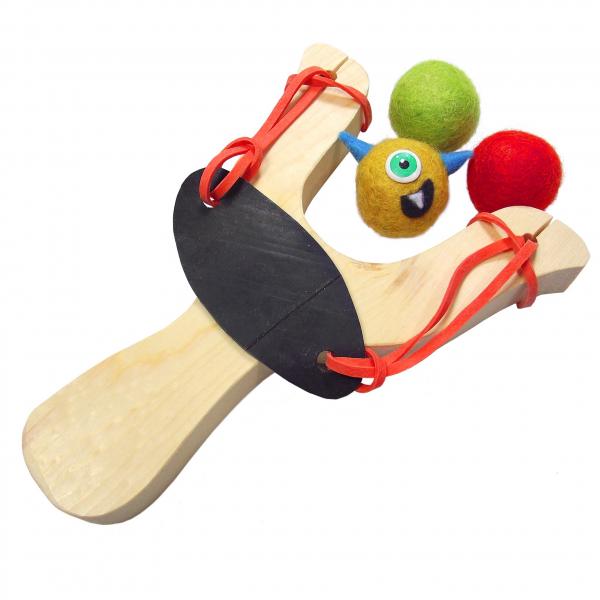 Wooden Slingshot Monster Launch Toy with felt ammo balls picture