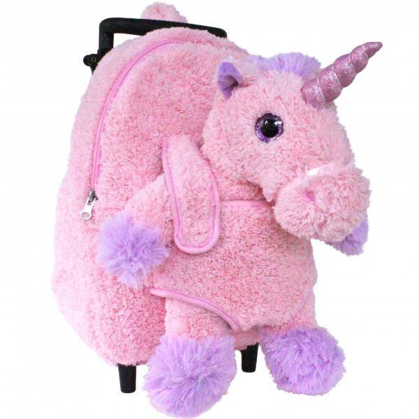 Roller Bag Kids Rolling Backpack Luggage with Removable Plush Stuffed Animal Unicorn picture