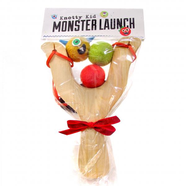 Wooden Slingshot Monster Launch Toy with felt ammo balls picture