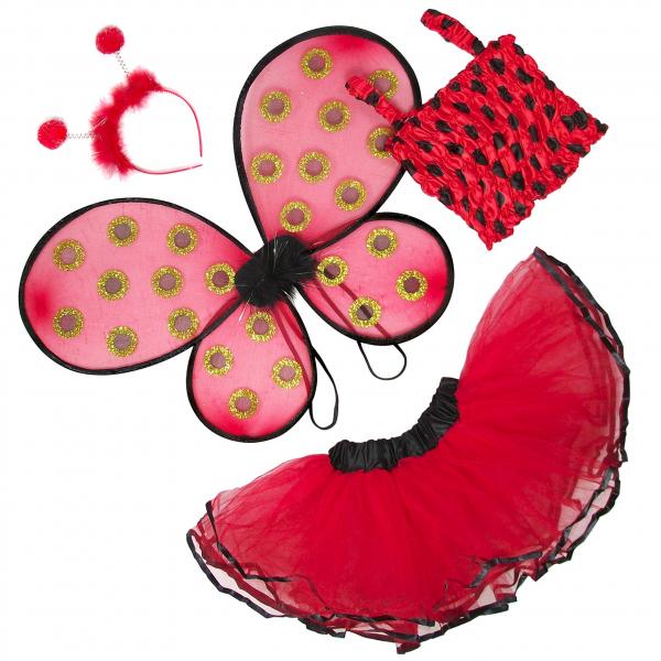Girls 4 Piece Lady Bug Costume Set with Sparkle Wings Top Tutu and Headband picture