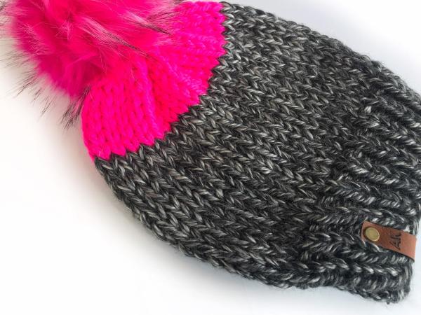 Wool Free Neon Slouchy Chunky Knit Winter Beanie - Neon Pink & Charcoal Gray with Jumbo Neon Pink Pom - Women's Warm Hat - Vegan Knitwear picture