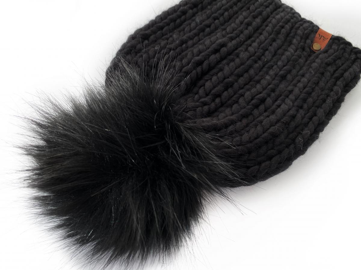 Knit Wool Hat Premium Merino Wool Winter Hat - Black Color with Jumbo Faux Fur PomPom - Fitted Ribbed Knit Women's Beanie - Luxury Knitwear picture