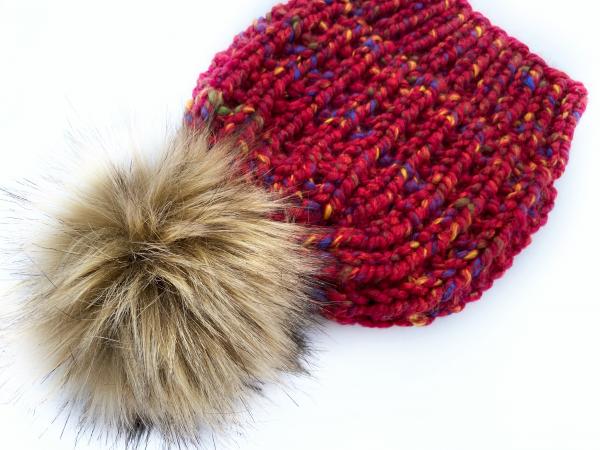Slouchy Chunky Knit Winter Beanie - Red Multi with Jumbo Faux Fur PomPom - Handmade in MN - Women's Warm Hat - Winter Accessory picture