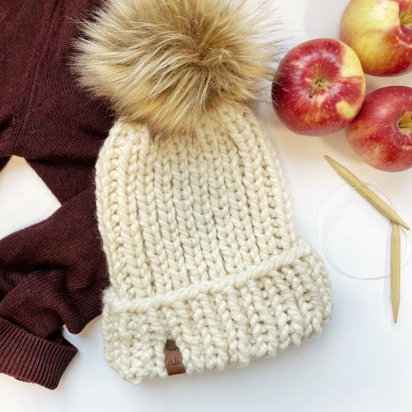 Folded Brim Knit Winter Beanie - Ivory with Jumbo Faux Fur PomPom - Handmade in MN - Women's Warm Hat - Neutral Winter Accessory picture