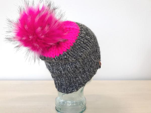 Wool Free Neon Slouchy Chunky Knit Winter Beanie - Neon Pink & Charcoal Gray with Jumbo Neon Pink Pom - Women's Warm Hat - Vegan Knitwear picture