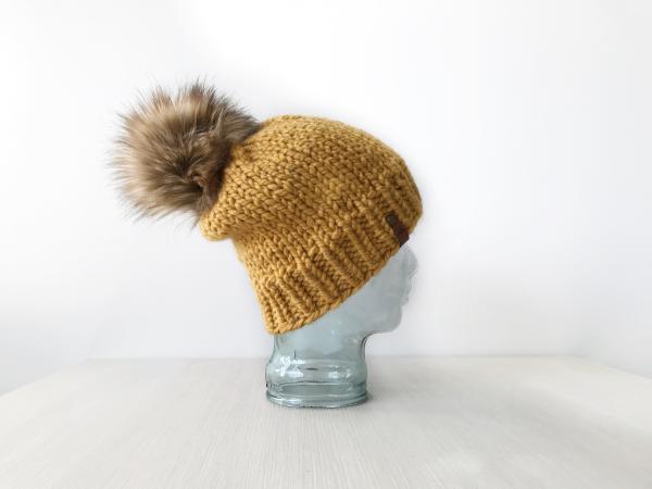 X-Large Knit Hat Mustard Yellow Extra Slouchy Beanie with Jumbo Pompom Neutral Accessory Handmade Women's Winter Hat Pompom Beanie picture