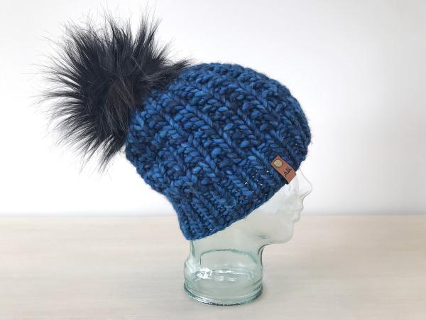 Knit Wool Hat Premium Merino Hand Dyed Wool Winter Hat - Blue Black Color - Slouchy Knit Women's Beanie with Jumbo Faux Fur Pom - Luxury picture