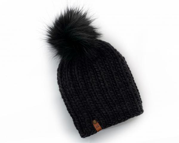 Knit Wool Hat Premium Merino Wool Winter Hat - Black Color with Jumbo Faux Fur PomPom - Fitted Ribbed Knit Women's Beanie - Luxury Knitwear