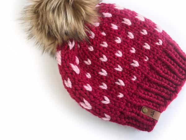 Knit Hat with Heart Pattern Red Pink Fair Isle Slouchy beanie - The Polaris - Women's Warm Winter Hat - Ready to Ship Pompom Handmade Gift picture