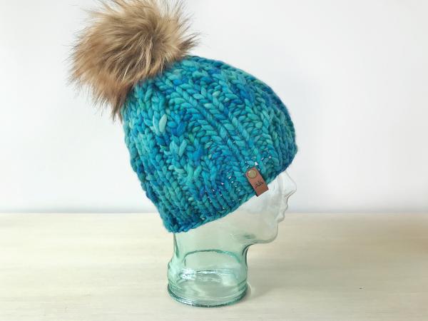 Knit Wool Hat Premium Merino Hand Dyed Wool Winter Hat - Teal Blue Cabled Fitted Knit Women's Spindrift Beanie Jumbo Faux Fur Pom - Luxury picture