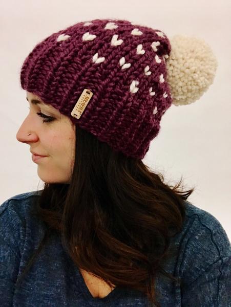 Knit Hat with Heart Pattern Red Pink Fair Isle Slouchy beanie - The Polaris - Women's Warm Winter Hat - Ready to Ship Pompom Handmade Gift picture