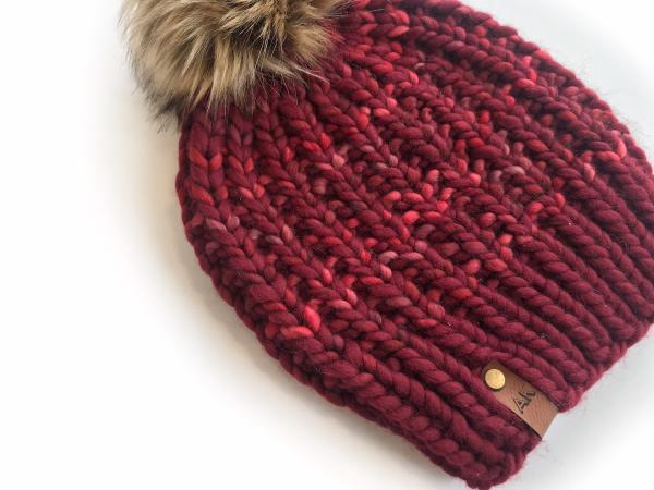 Knit Wool Hat Premium Merino Hand Dyed Wool Winter Hat - Red Maroon Striped - Slouchy Knit Women's Beanie with Jumbo Faux Fur Pom - Luxury picture
